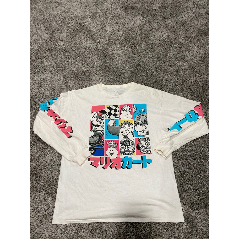 Nintendo Mario Kart‎ Long Sleeve Graphic Tee White Japanese Katakana Geeknet L